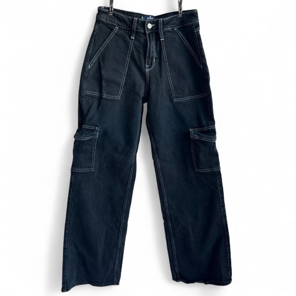 Hollister High Rise Vintage Baggy Black White Stitch Cargo Jeans 3R W26 L31